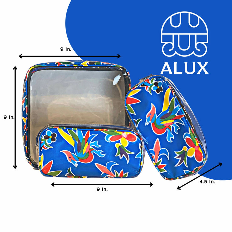 Front view: One large and two small travel cases, multi-colored flower/animal print on blue background, with dimensions.