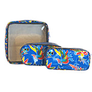 Front view: One large and two small travel cases, multi-colored flower/animal print on blue background.