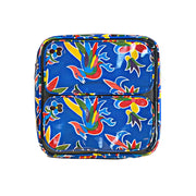 Front view: Two small travel cases, multi-colored flower/animal print on blue background, fitting inside large case.