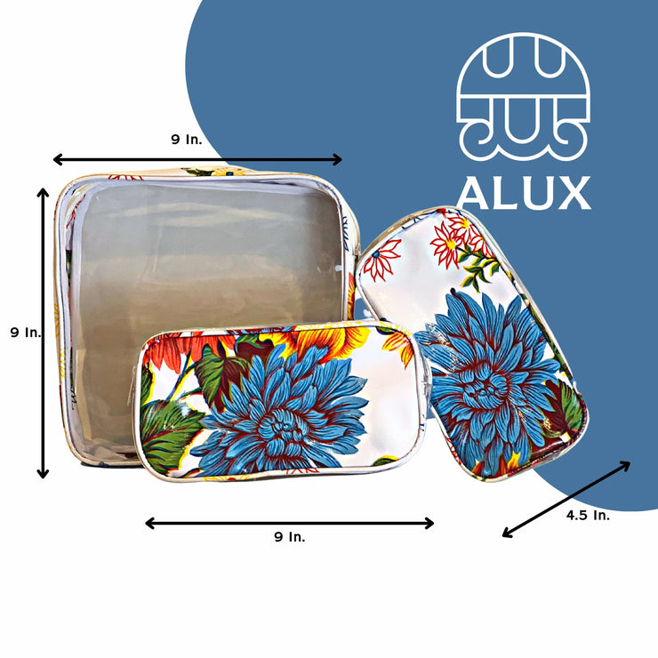 Front view: One large case and two small travel cases, multi-colored flower print on white background, with dimensions.