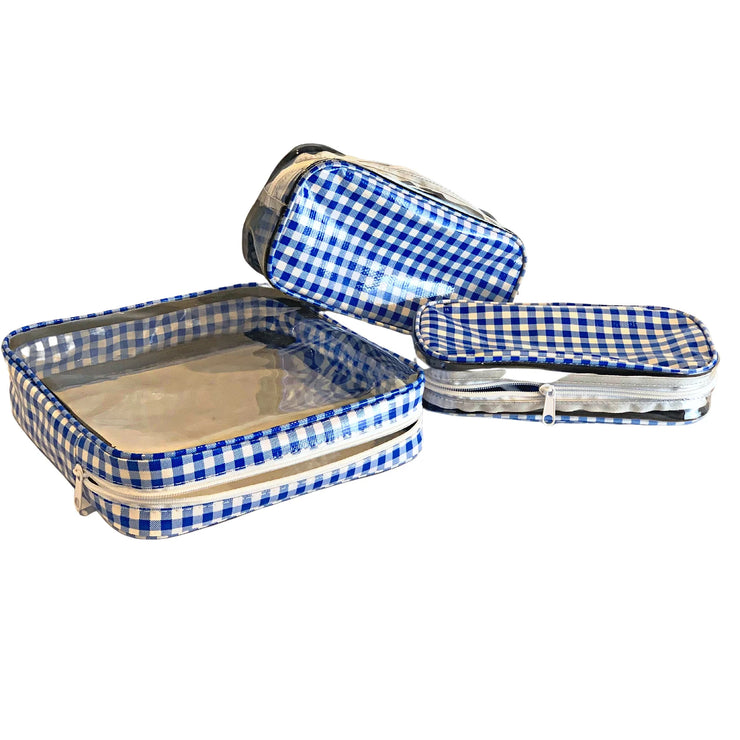 Above view: One large case and two small travel cases, white and blue checkered pattern.