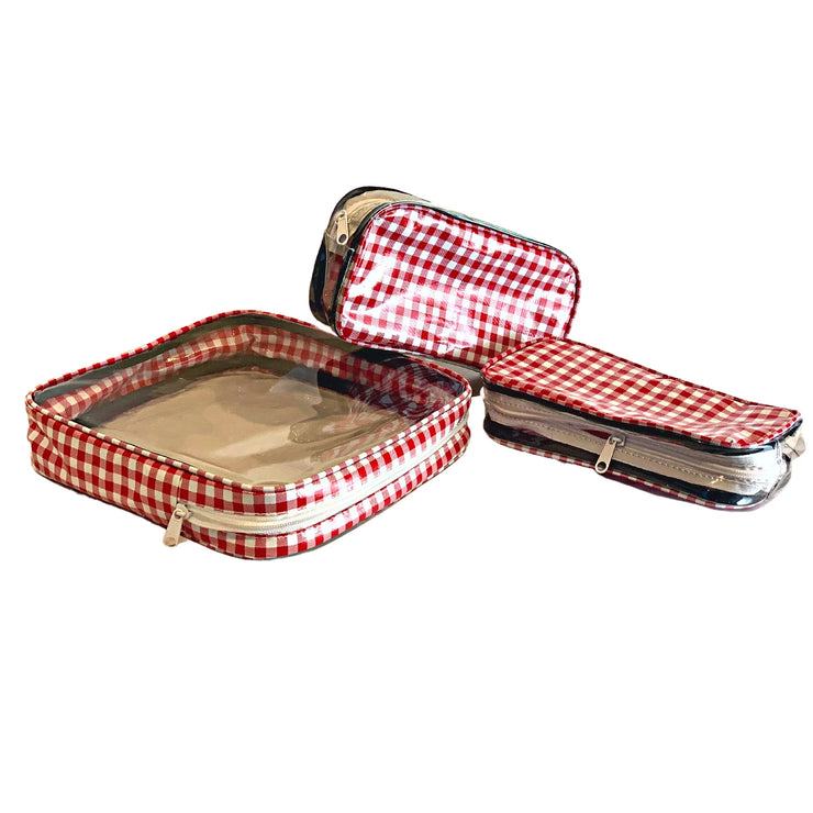 Above view: One large case and two small travel cases, white and red checkered pattern.