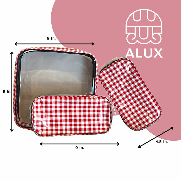 Front view: One large case and two small travel cases, white and red checkered pattern, with dimensions.