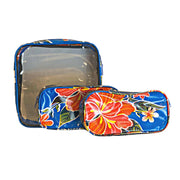 Front view: One large and two small travel cases, multi-colored floral print on blue background.