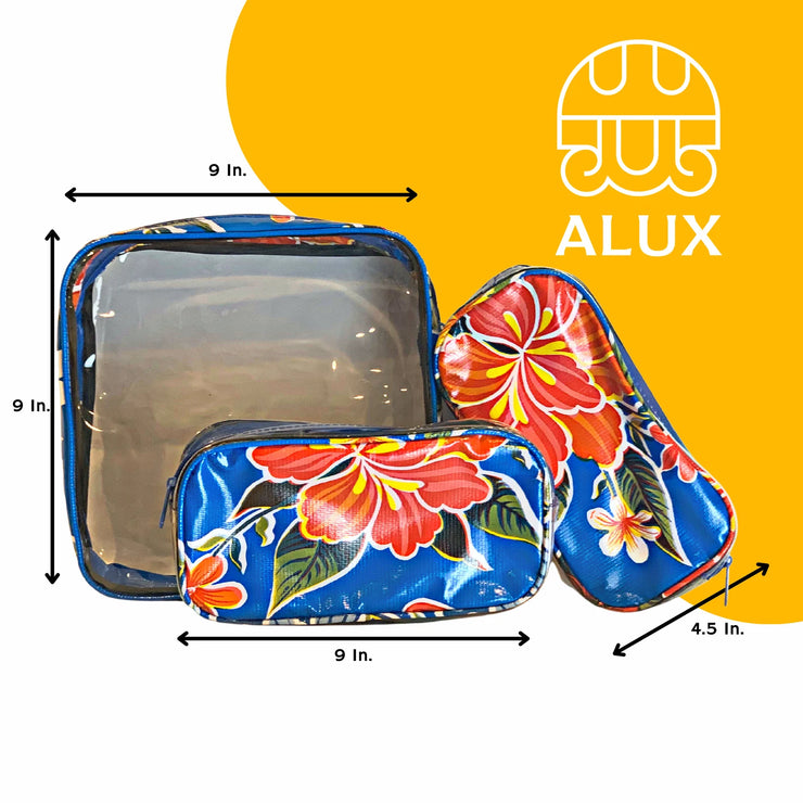 Front view: One large and two small travel cases, multi-colored floral print on blue background, with dimensions.