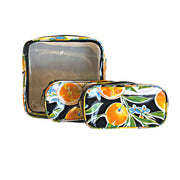 Front view: One large case and two small travel cases, multi-colored orange fruit and blossom print on black background.
