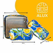 Front view: One large case and two small travel cases, multi-colored orange fruit and blossom print on blue background, with dimensions.