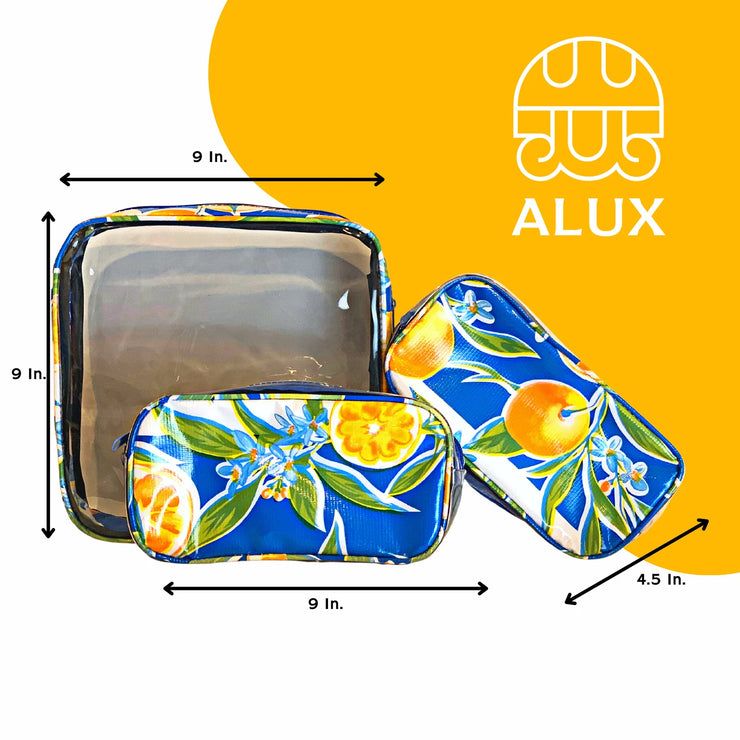 Front view: One large case and two small travel cases, multi-colored orange fruit and blossom print on blue background, with dimensions.