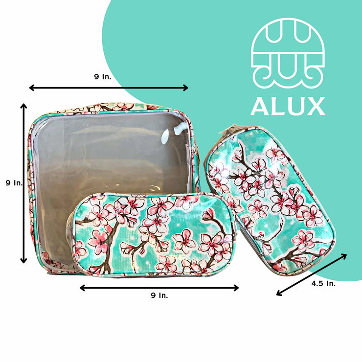 Front view: One large case and two small travel cases, multi-colored cherry blossom print on green background, with dimensions.