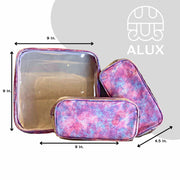Front view: One large and two small travel cases, blue, pink and purple splatter print, with dimensions.