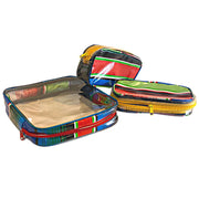Above view:  One large case and two small travel cases, multi-colored horizontal stripe pattern.