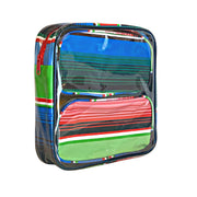 Side view:  Two small travel cases, multi-colored horizontal stripe pattern, fitting inside large case.