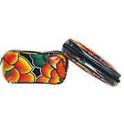 Front view: Two small travel cases, multi-colored floral print on black background.