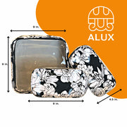Front view: One large case and two small travel cases, white floral print on black background, with dimensions.