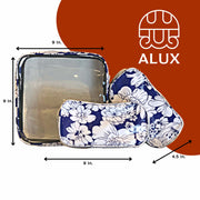 Front view:  One large case and two small travel cases, white floral print on blue background, with dimensions.
