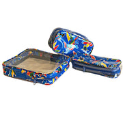 Above view: One large and two small travel cases, multi-colored flower/animal print on blue background.