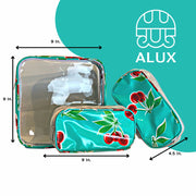 Front view: One large and two small travel cases, cherry print on green background, with dimensions.