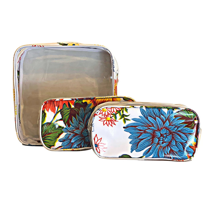 Front view: One large case and two small travel cases, multi-colored flower print on white background.