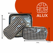 Front view: One large case and two small travel cases, white and black checkered pattern, with dimensions.