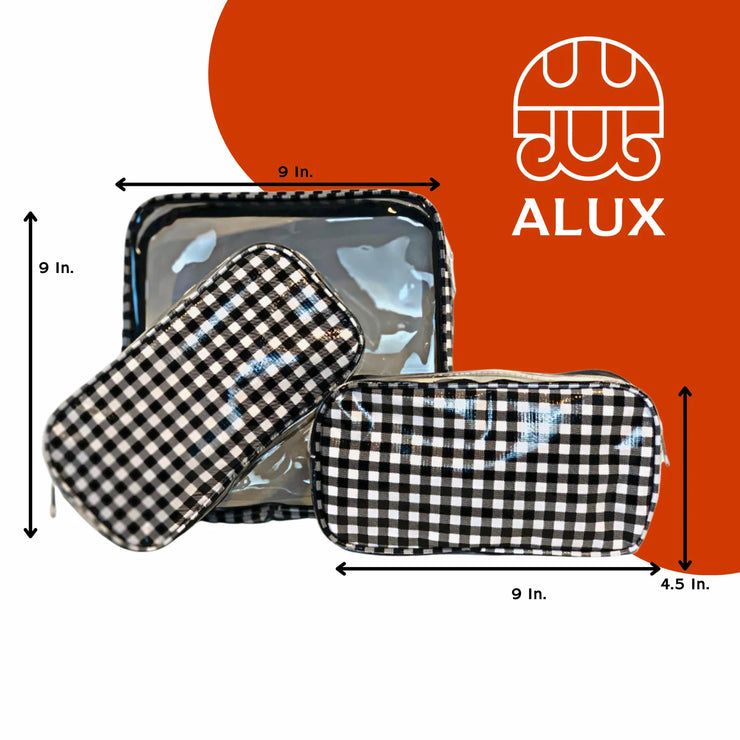 Front view: One large case and two small travel cases, white and black checkered pattern, with dimensions.