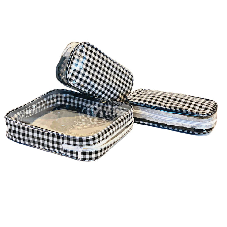 Above view: One large case and two small travel cases, white and black checkered pattern.