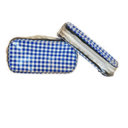 Front view: Two small travel cases, white and blue checkered pattern.