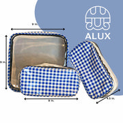 Front view: One large case and two small travel cases, white and blue checkered pattern, with dimensions.