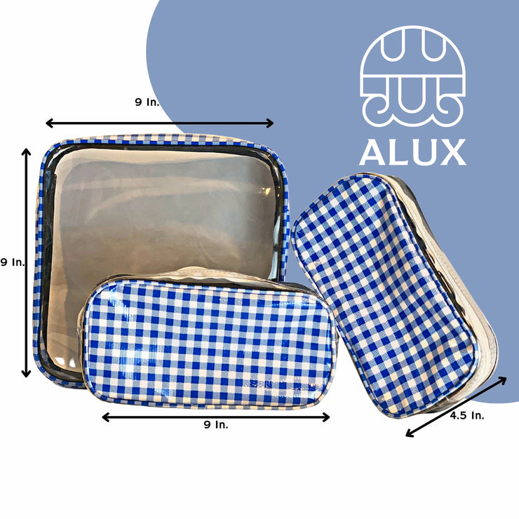 Front view: One large case and two small travel cases, white and blue checkered pattern, with dimensions.