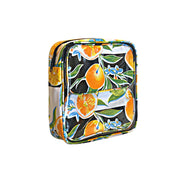 Side view: Two small travel cases, multi-colored orange fruit and blossom print on black background, fitting inside large case.