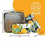 Front view: One large case and two small travel cases, multi-colored orange fruit and blossom print on black background, with dimensions.