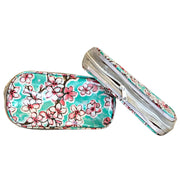 Front view: Two small travel cases, multi-colored cherry blossom print on green background.