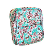 Side view: Two small travel cases, multi-colored cherry blossom print on green background, fitting inside large case.