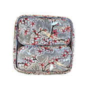Front view: Two small travel cases, multi-colored cherry blossom print on gray background, fitting inside the large case.