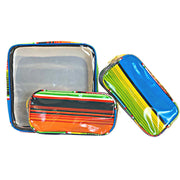 Front view:  One large case and two small travel cases, multi-colored horizontal stripe pattern.