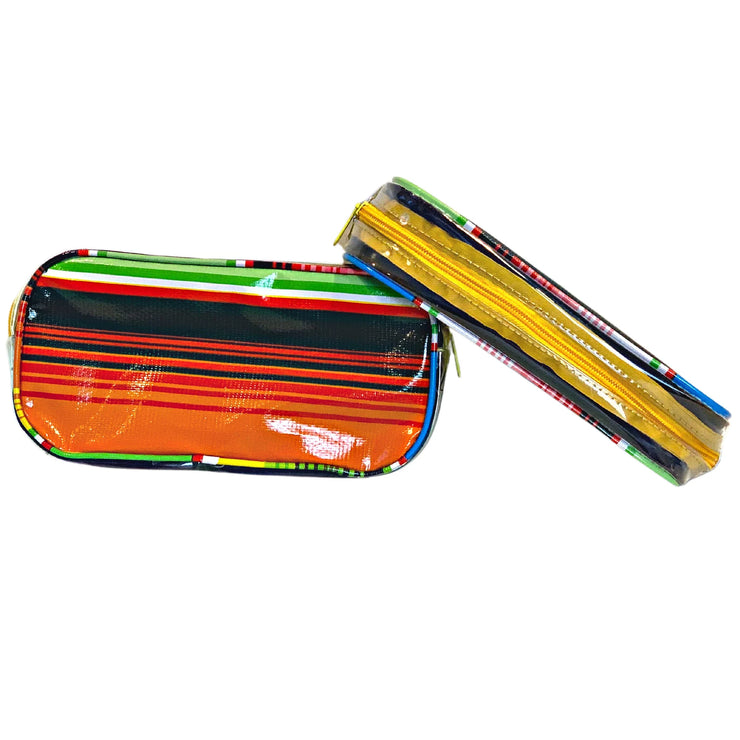 Front view:  Two small travel cases, multi-colored horizontal stripe pattern.