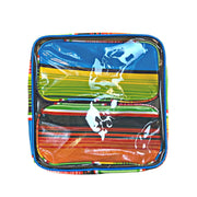 Front view:  Two small travel cases, multi-colored horizontal stripe pattern, fitting inside large case.
