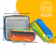Front view:  One large case and two small travel cases, multi-colored horizontal stripe pattern, with dimensions.