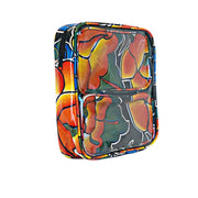 Side view: Two small travel cases, multi-colored floral print on black background, fitting in large case. 