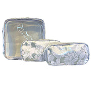 Front view:  One large case and two small travel cases, white floral print on silver background.