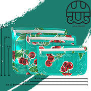 Front view: Small, medium and large slim travel bags, white zippers and cherry print on green background, with dimensions.