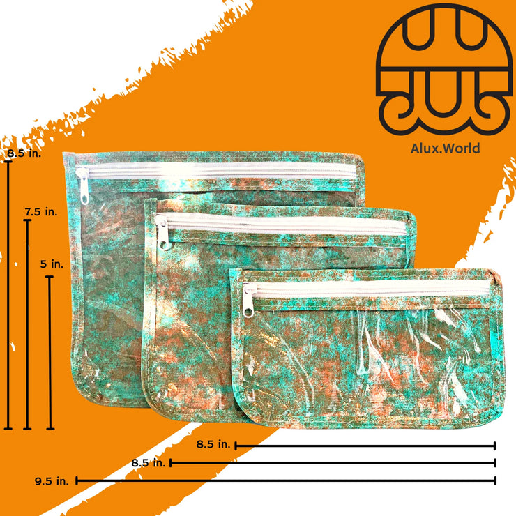 Front view: Small, medium and large slim travel bags, white zippers and green, orange, olive splatter print, with dimensions.