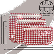 Front view: Small, medium and large slim travel bags, white zippers and white and red checkered pattern, with dimensions.