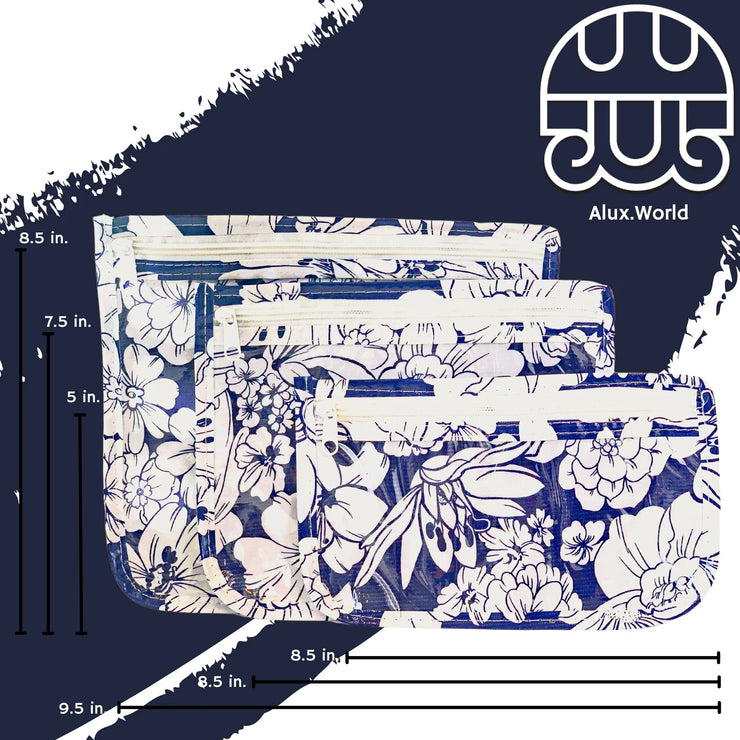 Front view: Small, medium and large slim travel bags, white zippers and white floral print on a blue background, with dimensions.
