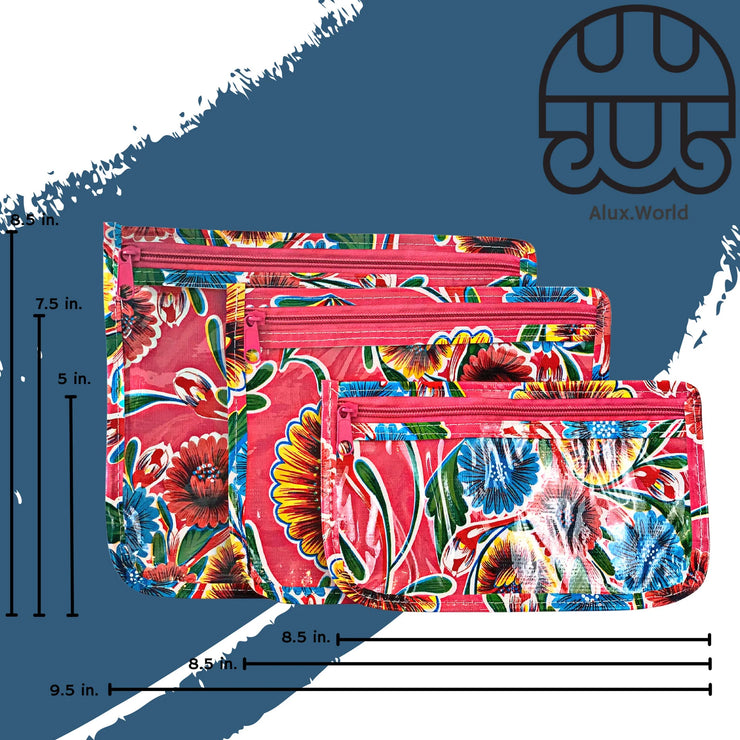 Front view: Small, medium and large slim travel bags, pink zippers and multi-colored floral print on pink background, with dimensions.