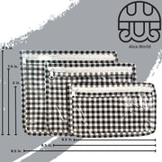 Front view: Small, medium and large slim travel bags, white zippers and white and black checkered pattern, with dimensions.