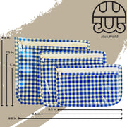 Front view: Small, medium and large slim travel bags, white zippers and white and blue checkered pattern, with dimensions.