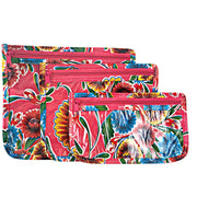 Front view: Small, medium and large slim travel bags, pink zippers and multi-colored floral print on pink background.