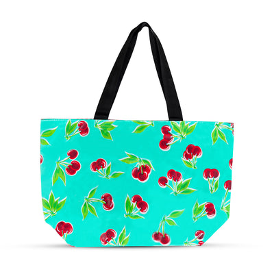 Front view: Cherry print on mint green background tote with black handles. 