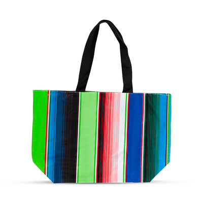 Front view: Multi-colored vertical striped pattern tote with black handles. 