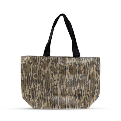 Front view: Army camo print tote with black handles. 